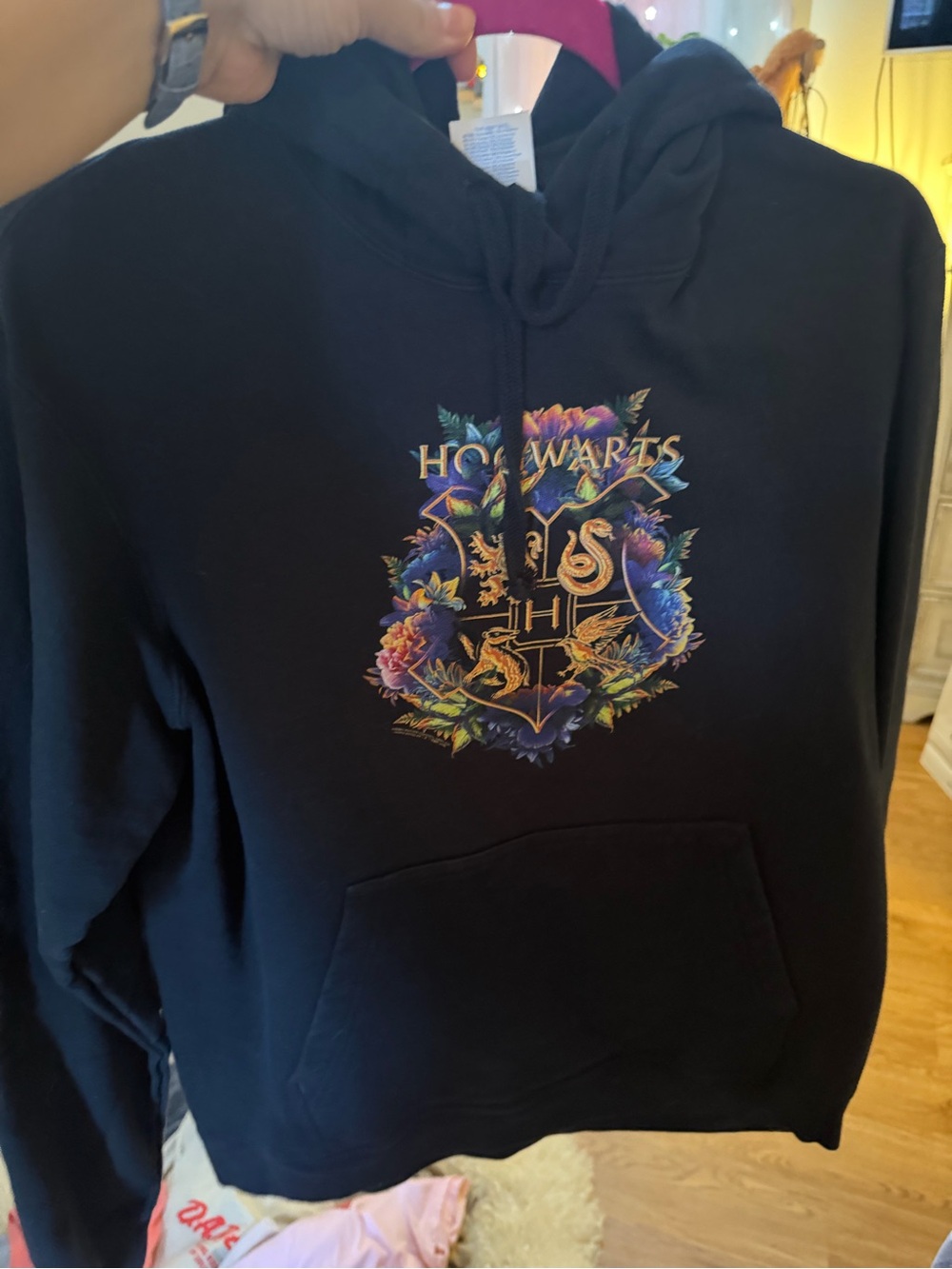 Port and Company Black Hoodie with Colorful Hogwarts Crest Graphic